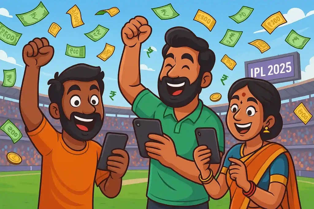 Indian cricket fans celebrating betting wins during IPL 2025 with smartphones