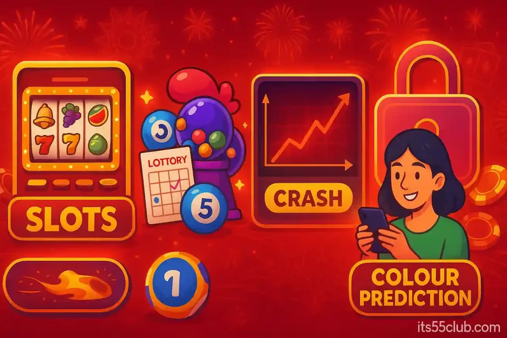 Cartoon collage of 55 Club games including slots, lottery, crash and colour prediction with red festive fireworks background