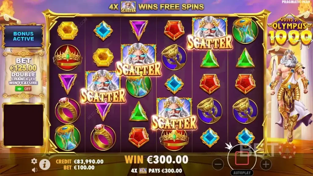 Gates of Olympus slot reels with Zeus standing beside the grid