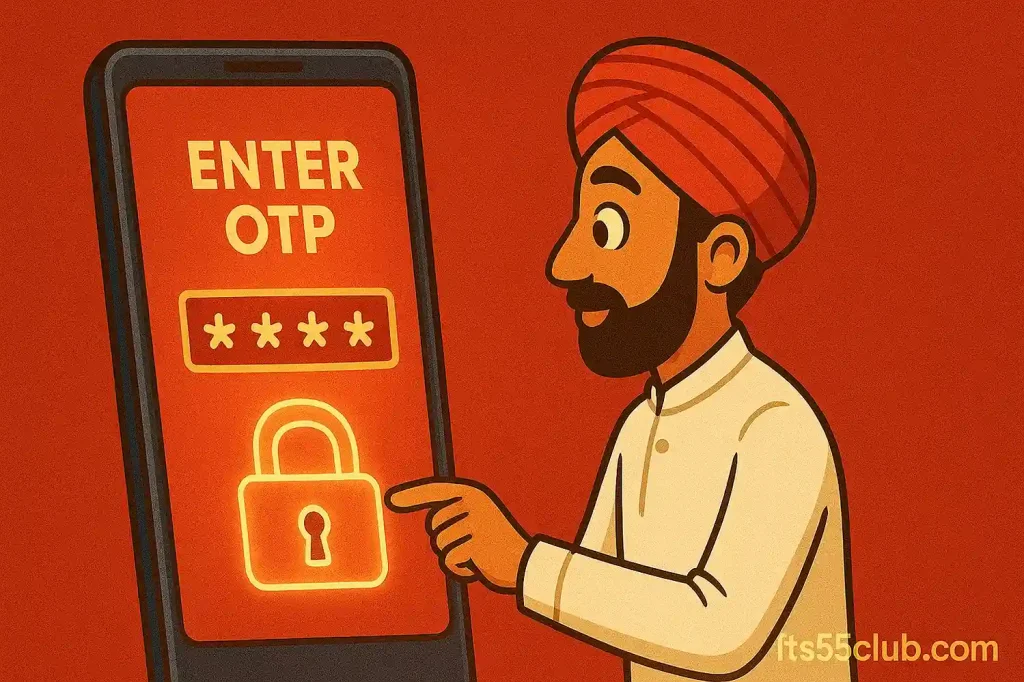 Cartoon Indian player entering OTP on 55 Club secure login screen with glowing red padlock