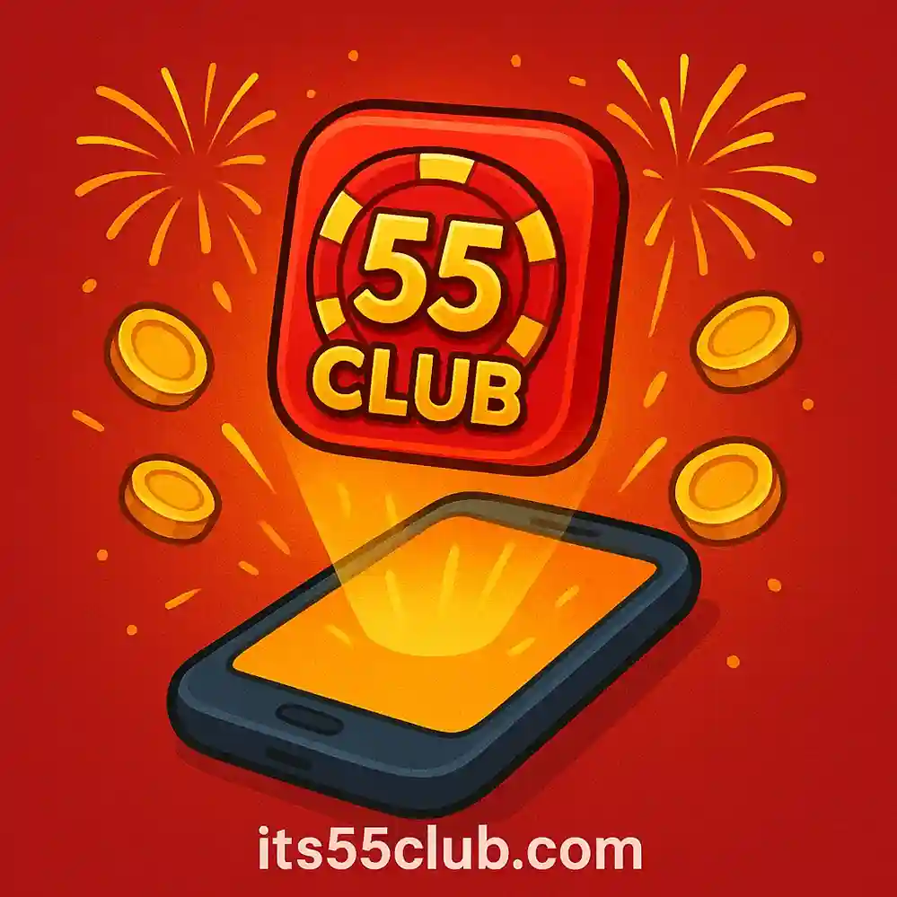 Cartoon smartphone with glowing red 55 Club download button, surrounded by casino chips and Indian rangoli patterns