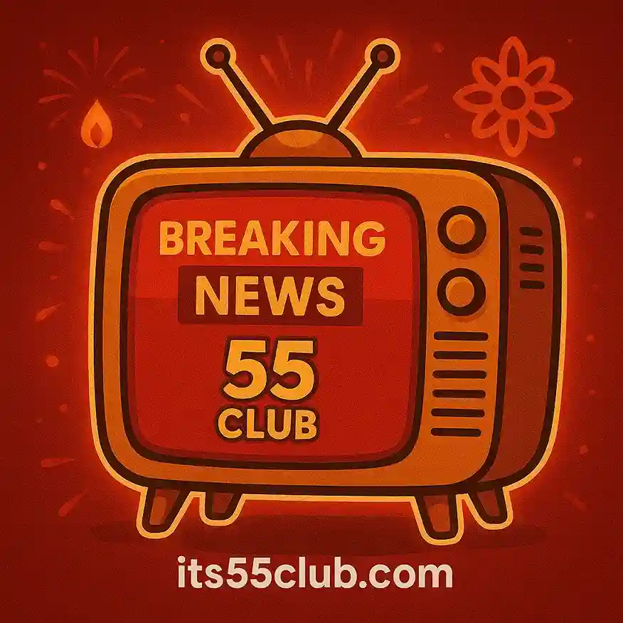 Cartoon TV screen showing Breaking News 55 Club with glowing red festive background