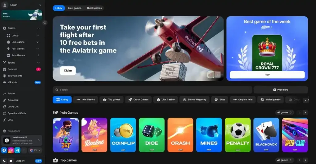 1win homepage with Aviatrix free bet promotion and game lobby