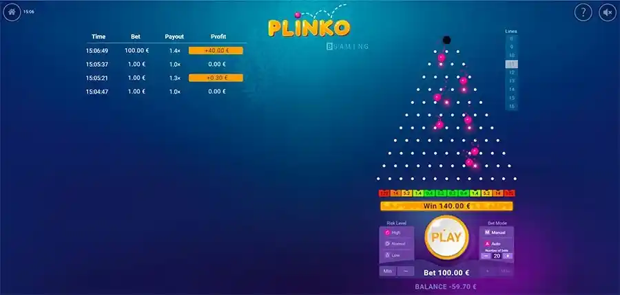 Plinko volatility settings with low, medium, and high risk options