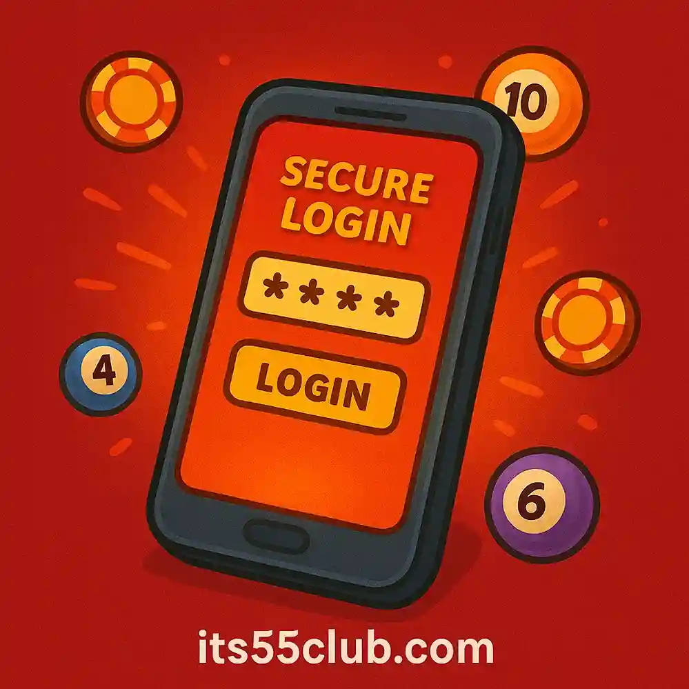 Cartoon smartphone with glowing red secure login window, lottery balls and casino tokens around