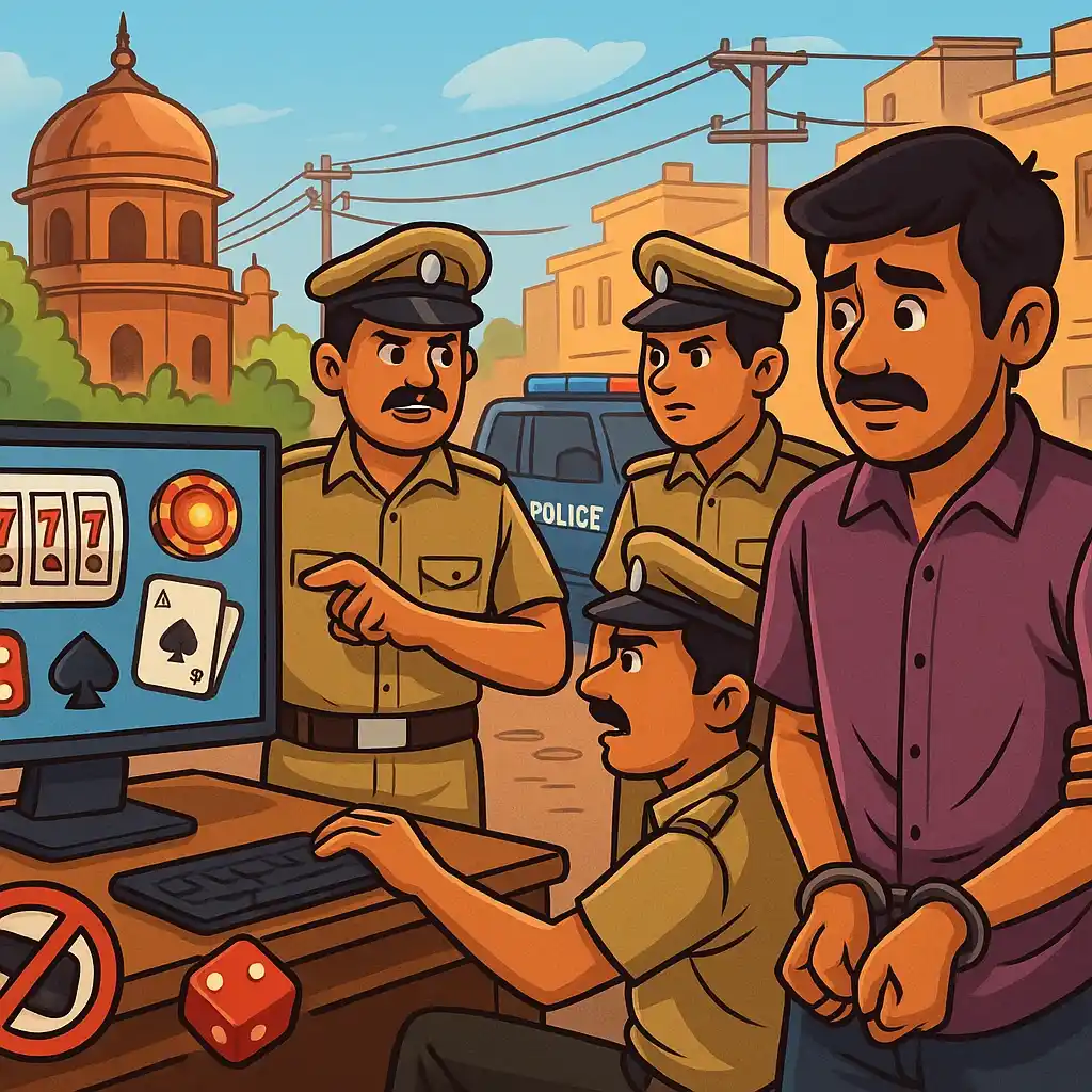 Cartoon-style illustration of Delhi police busting illegal online gambling apps