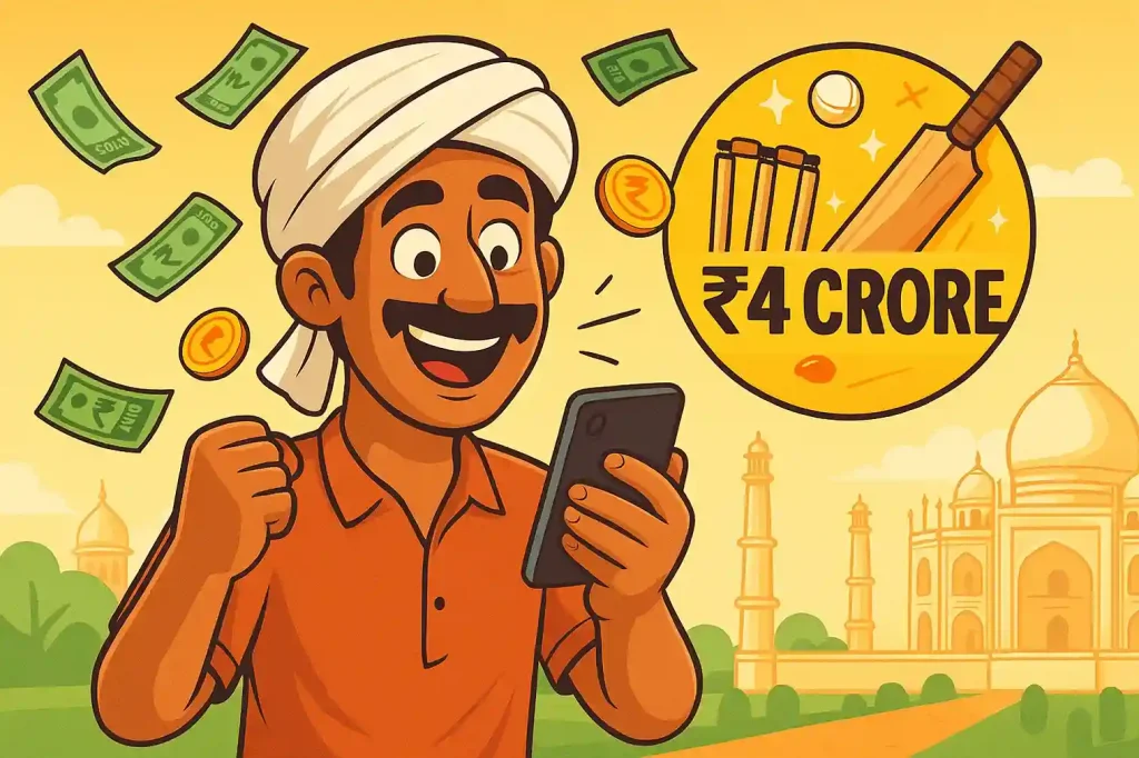 Indian labourer celebrating a ₹4 crore jackpot with cricket elements