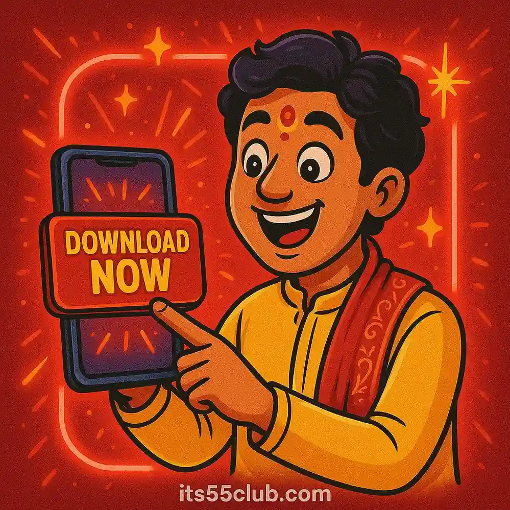 Happy cartoon Indian player tapping Download Now button on 55 Club app with neon red festive background