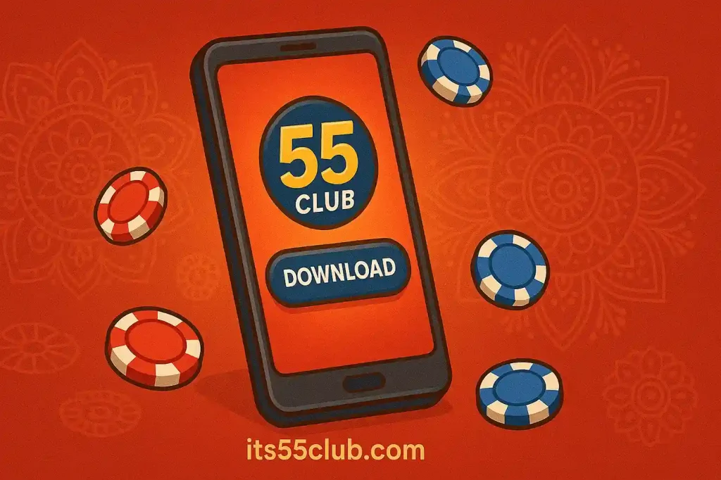 Cartoon red 55 Club app icon floating above smartphone with coins and fireworks in the background