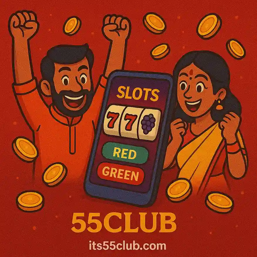 Cartoon Indian players cheering while playing 55 Club slots and colour prediction on glowing red background with coins flying