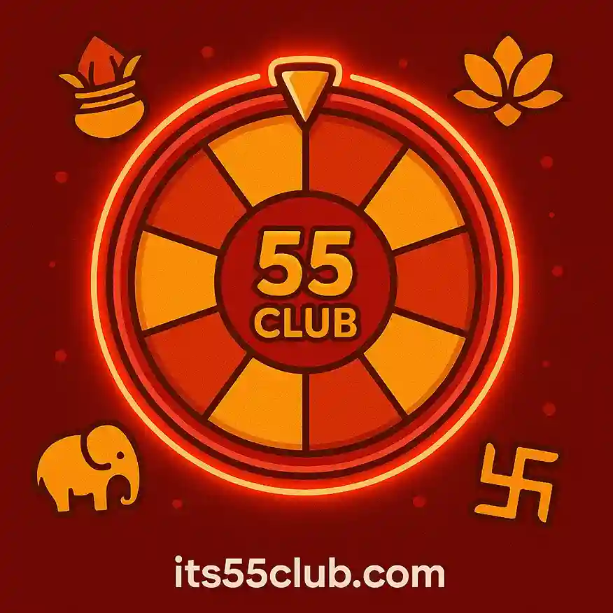 Cartoon game wheel with 55 Club logo, neon red glow and Indian lucky charm symbols around