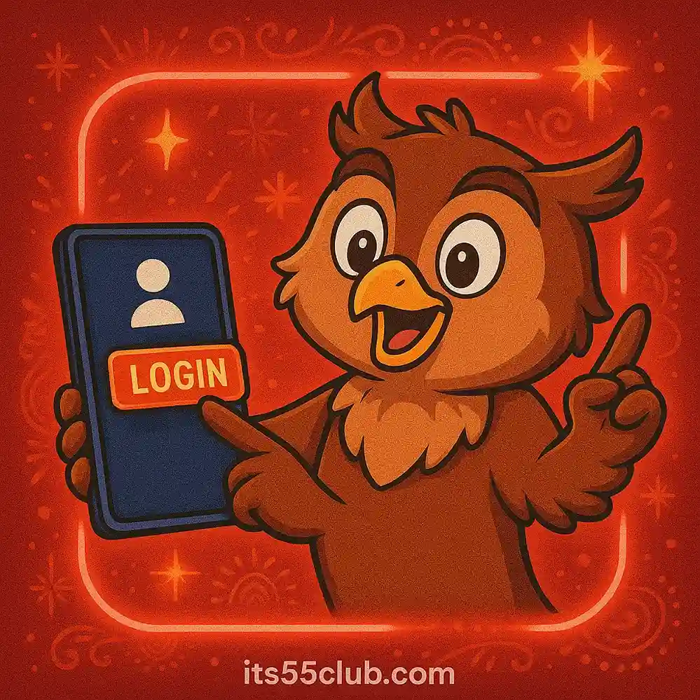 Friendly cartoon 55 Club mascot helping user with login process on red festive background