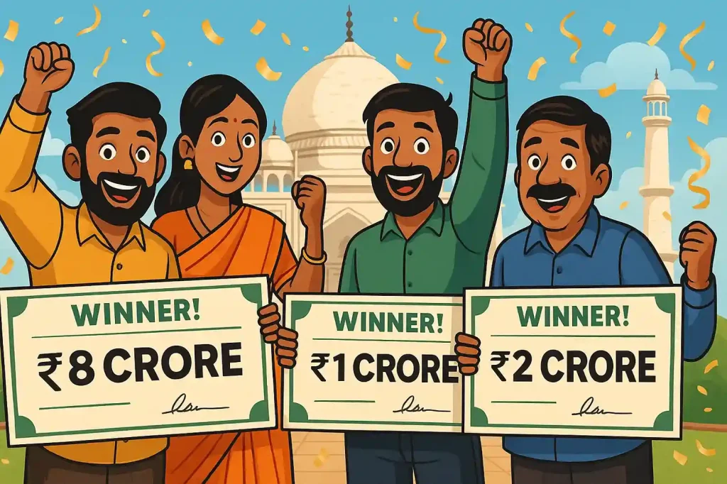 Indian lottery winners celebrating big jackpot wins