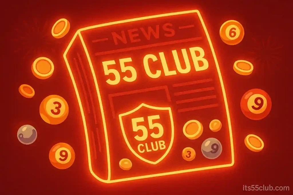 Cartoon newspaper glowing red with 55 Club news headlines, coins and lottery balls around