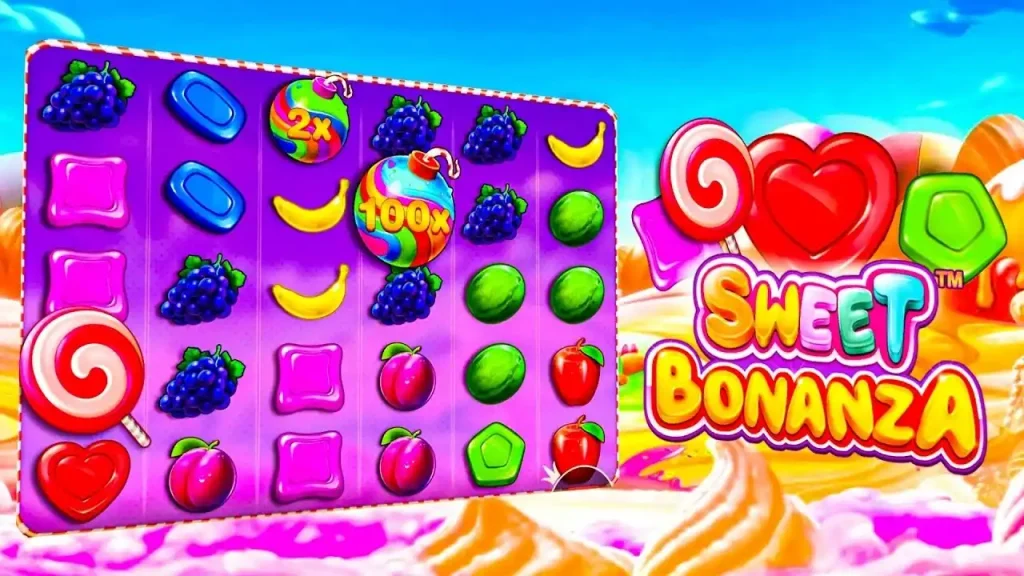 Sweet Bonanza slot reels with candy and fruit symbols