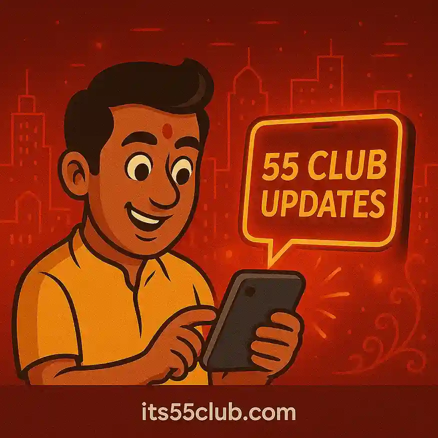 Cartoon Indian player reading 55 Club updates on smartphone with red neon city skyline background