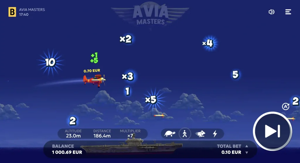 Aviamasters gameplay with rocket obstacles and cash prize pickups