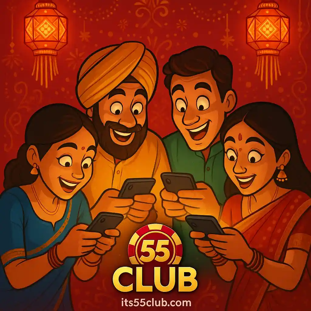 Indian players playing 55 Club on smartphones with red festive Diwali background